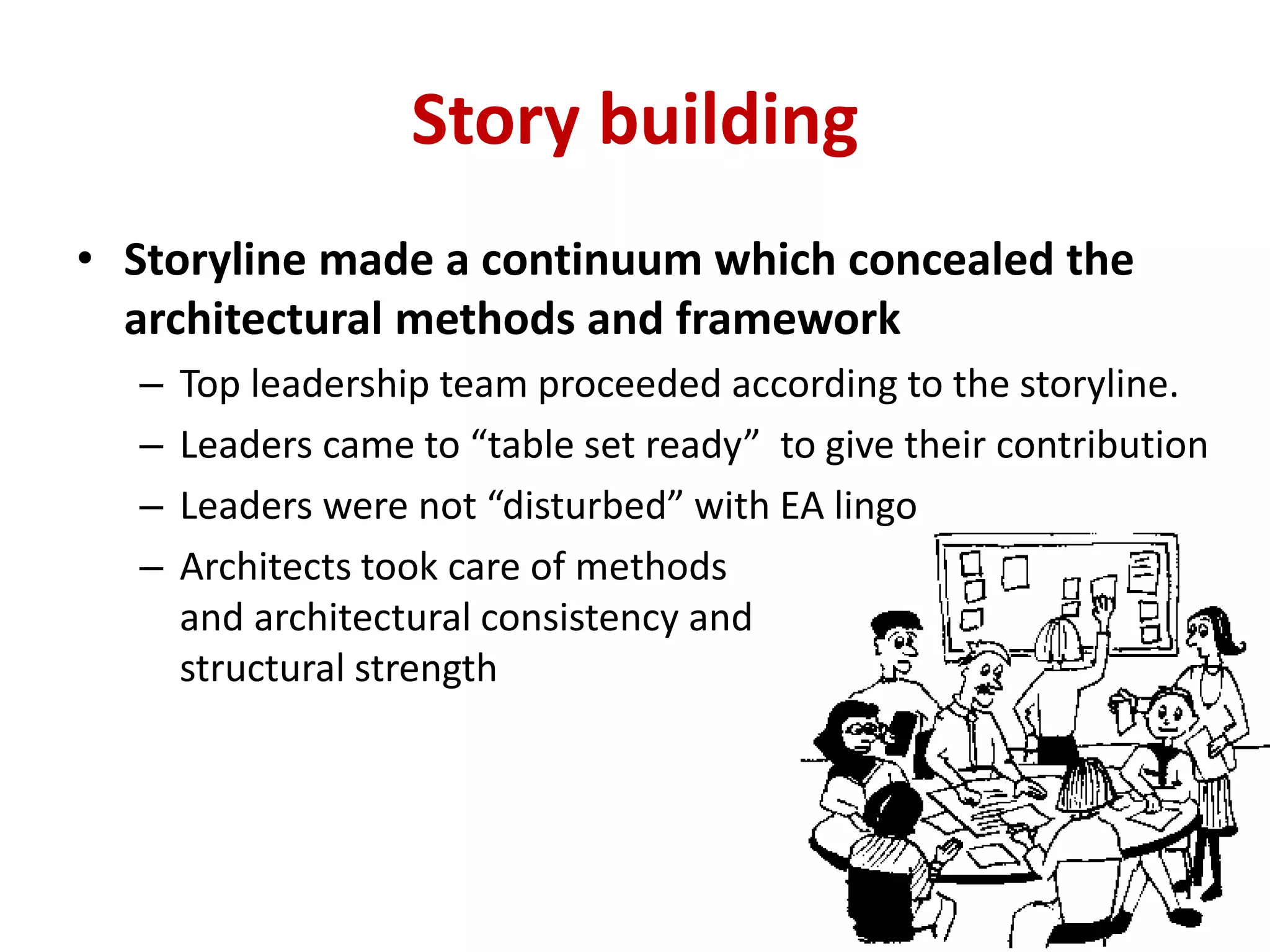 Story building
• Storyline made a continuum which concealed the
architectural methods and framework
– Top leadership team proceeded according to the storyline.
– Leaders came to “table set ready” to give their contribution
– Leaders were not “disturbed” with EA lingo
– Architects took care of methods
and architectural consistency and
structural strength
 