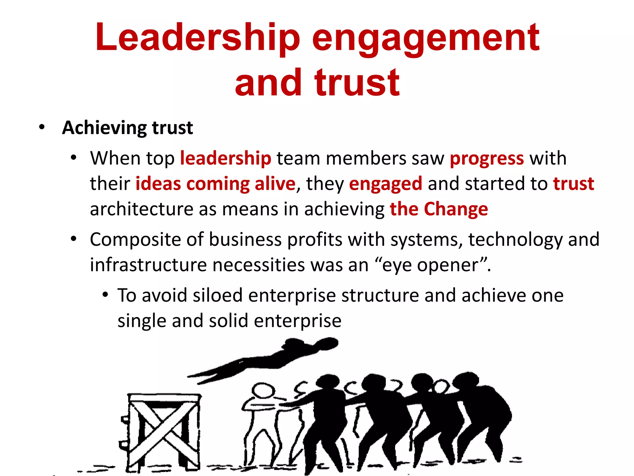 Leadership engagement
and trust
• Achieving trust
• When top leadership team members saw progress with
their ideas coming alive, they engaged and started to trust
architecture as means in achieving the Change
• Composite of business profits with systems, technology and
infrastructure necessities was an “eye opener”.
• To avoid siloed enterprise structure and achieve one
single and solid enterprise
 