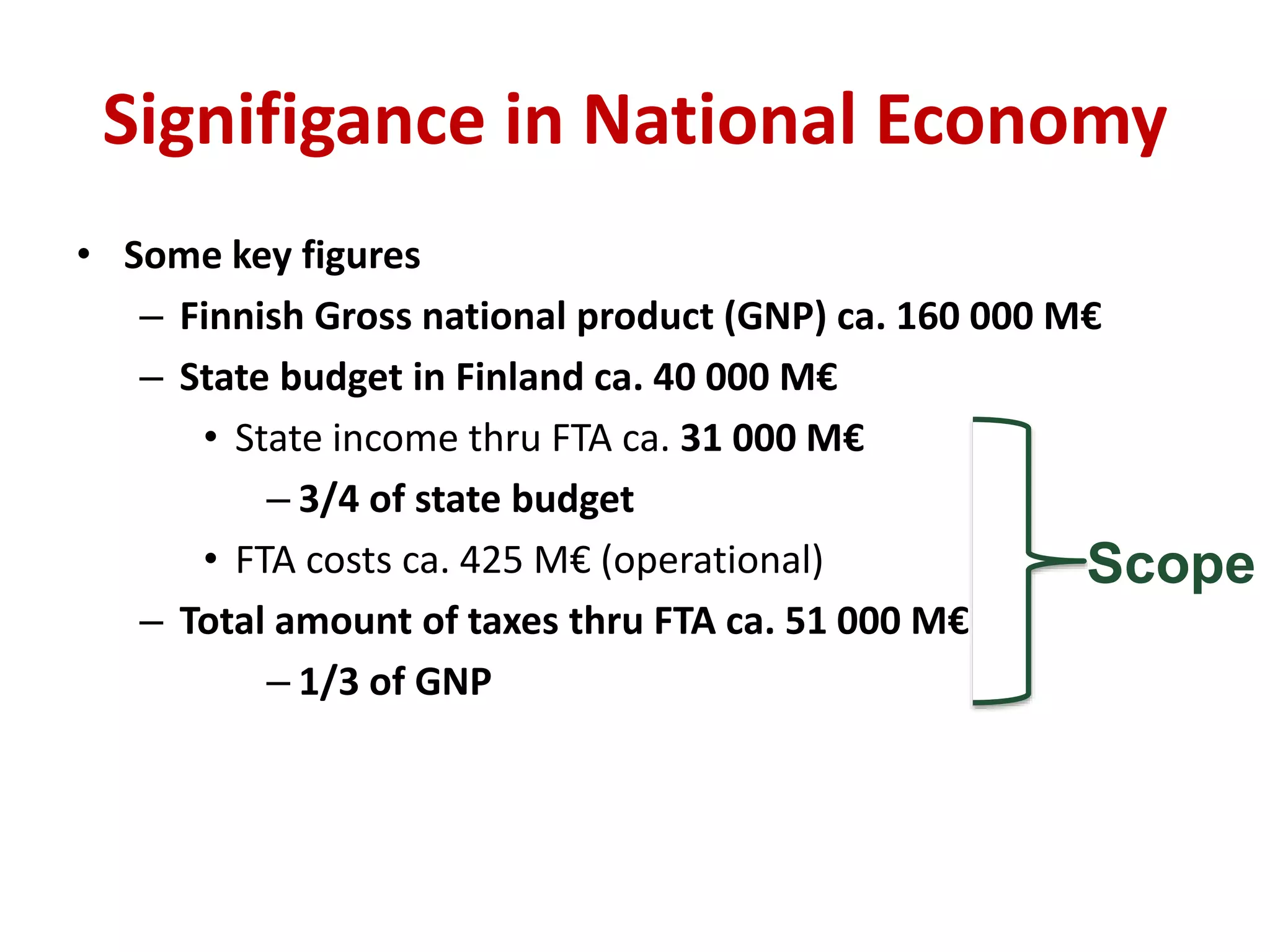 Signifigance in National Economy
• Some key figures
– Finnish Gross national product (GNP) ca. 160 000 M€
– State budget in Finland ca. 40 000 M€
• State income thru FTA ca. 31 000 M€
– 3/4 of state budget
• FTA costs ca. 425 M€ (operational)
– Total amount of taxes thru FTA ca. 51 000 M€
– 1/3 of GNP
Scope
 
