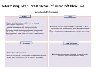 Determining Key Success factors of Microsoft Xbox Live!
                                                              Marketing mix 4-Ps framework

                                    Product                                                                                Price



    Superior technology (broadband-ready) Hard disk for data safety
    Exclusive games from developers
    Variability–community character(subscribers find friends at online chat,
                                                                                      Gamers only pay costs of starter kit for the Xbox Live! Service (€52 in UK and
     download games, additional levels, weapons and characters,...)
                                                                                       that Price covers 1 year online subscription, Headset, and Xbox communicator. )
    Safety aspect(disable downloading content)
    With special emulator programs Xbox enables to play PlayStation games.
                                                                                      After 1 year automatic renewing subscription with credit card. (quick and easy)
    Enable DVD and all other video and audio files as well as web live streaming.
    With Linux software, mouse, keyboard and USB ports it´s gives computer’s
     experience.




                                      Promotion                                                                      Place/Distribution




    First broadband-ready gaming console
                                                                                          Microsoft distributes its software products over the Xbox Live! platform
    Xbox Live! service provides a powerful word-of-mouth marketing for Microsoft                  exclusively for gamers to download fast, easy and safe
     because players interact with each other and recommend games to play.
 