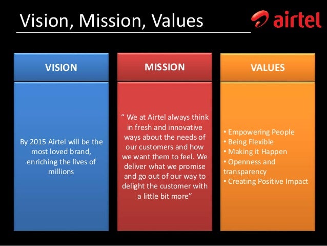 vision mission of airtel Vision:to be globally admired for telecomservices that delight customers-bench marked by more business-first private telecommunication company to launch long distance servicesmissionwill. vision mission of airtel Vision:to be globally admired for telecomservices that delight customers-bench marked by more business-first private telecommunication company to launch long distance servicesmissionwill.