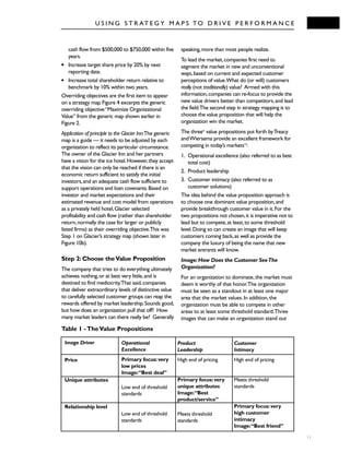 U S I N G S T R AT E G Y M A P S TO D R I V E P E R F O R M A N C E
11
cash flow from $500,000 to $750,000 within five
years.
q Increase target share price by 20% by next
reporting date.
q Increase total shareholder return relative to
benchmark by 10% within two years.
Overriding objectives are the first item to appear
on a strategy map.Figure 4 excerpts the generic
overriding objective“Maximize Organizational
Value” from the generic map shown earlier in
Figure 2.
Application of principle to the Glacier Inn:The generic
map is a guide — it needs to be adjusted by each
organization to reflect its particular circumstance.
The owner of the Glacier Inn and her partners
have a vision for the ice hotel.However,they accept
that the vision can only be reached if there is an
economic return sufficient to satisfy the initial
investors,and an adequate cash flow sufficient to
support operations and loan covenants.Based on
investor and market expectations and their
estimated revenue and cost model from operations
as a privately held hotel,Glacier selected
profitability and cash flow (rather than shareholder
return,normally the case for larger or publicly
listed firms) as their overriding objective.This was
Step 1 on Glacier’s strategy map (shown later in
Figure 10b).
Step 2: Choose theValue Proposition
The company that tries to do everything ultimately
achieves nothing,or at best very little,and is
destined to find mediocrity.That said,companies
that deliver extraordinary levels of distinctive value
to carefully selected customer groups can reap the
rewards offered by market leadership.Sounds good,
but how does an organization pull that off? How
many market leaders can there really be? Generally
speaking,more than most people realize.
To lead the market,companies first need to
segment the market in new and unconventional
ways,based on current and expected customer
perceptions of value.What do (or will) customers
really (not traditionally) value? Armed with this
information,companies can re-focus to provide the
new value drivers better than competitors,and lead
the field.The second step in strategy mapping is to
choose the value proposition that will help the
organization win the market.
The threeix
value propositions put forth byTreacy
andWiersema provide an excellent framework for
competing in today’s markets12
:
1. Operational excellence (also referred to as best
total cost)
2. Product leadership
3. Customer intimacy (also referred to as
customer solutions)
The idea behind the value proposition approach is
to choose one dominant value proposition,and
provide breakthrough customer value in it.For the
two propositions not chosen,it is imperative not to
lead but to compete,at least,to some threshold
level.Doing so can create an image that will keep
customers coming back,as well as provide the
company the luxury of being the name that new
market entrants will know.
Image:How Does the Customer SeeThe
Organization?
For an organization to dominate,the market must
deem it worthy of that honor.The organization
must be seen as a standout in at least one major
area that the market values.In addition,the
organization must be able to compete in other
areas to at least some threshold standard.Three
images that can make an organization stand out
Image Driver
Price
Unique attributes
Relationship level
Operational
Excellence
Primary focus:very
low prices
Image:“Best deal”
Low end of threshold
standards
Low end of threshold
standards
Product
Leadership
High end of pricing
Primary focus:very
unique attributes
Image:“Best
product/service”
Meets threshold
standards
Customer
Intimacy
High end of pricing
Meets threshold
standards
Primary focus:very
high customer
intimacy
Image:“Best friend”
Table 1 -TheValue Propositions
 