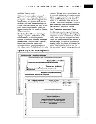 Ritz-Carlton:Customer Intimacy
“Welcome.How may we be of assistance?”
When you are asked this question the moment
you log onto a website,the inquiring company is
really answering your question about what you
can expect from them.The award-winning Ritz-
Carlton is just that — a hotel that caters to their
guests’ needs...and charges for it.Indeed,they
boast to investors that they are able to charge a
30% price premium.
How do they do it? 120 hours of training per
employee per year is a good start.Of course,
much of the focus of this training is on the
customer.To ensure that employees don’t forget,
every employee is required to carry the hotel’s
business plan in his or her pocket,which
constantly reinforces that guest satisfaction is
their highest mission. And talk about knowing the
customer! Example:when a room attendant sees
an empty soft drink container in a guestroom,the
type of beverage is noted.The next time a guest
stays atANY Ritz-Carlton that soft drink will be
waiting on ice in his or her room.They do not
just offer a hotel room — they offer a solution to
guest comfort and gratification.This symbolizes
the true meaning of customer intimacy.
Value Propositions:Mapping the Future
Sound strategy execution begins with a strong
plan and an overriding objective.Choosing a value
proposition can make execution much smoother,
since it points and guides the organization down a
chosen path.Value propositions offer direction on
how the strategy should unfold.Formule 1,The
Venetian andThe Ritz-Carlton all know this.That
each of these leaders has demonstrated the
characteristics of a specific value proposition,and
U S I N G S T R AT E G Y M A P S TO D R I V E P E R F O R M A N C E
13
Step 2:TheValue Proposition (Generic)
Product Leadership
First to market;Unique attributes;Brand image
Customer Intimacy
Customer service;Relationship management;
Brand image
Operational Excellence
Price;Quality;Selection;Brand image
Organizations Choose their DominantValue Proposition from:
FinancialCustomerInternalLearning&Growth
Whatwewanttoaccomplish
Step 2:TheValue Proposition
(Glacier)
Increase Cash Flow &
profitability
Increase CF by
$XXX in 3 years
Increase profits
byY% in 3 years
Glacier’s DominantValue Proposition
Product Leadership
The Glacier Inn provides an unmatched value,
an unrivaled experience and total satisfaction
for our guests through the provision of a unique
hotel adventure
RenewalInternalCustomerFinancial
WhatwewanttoaccomplishHowweplantoaccomplishit
Figure 5: Step 2 -TheValue Proposition
 