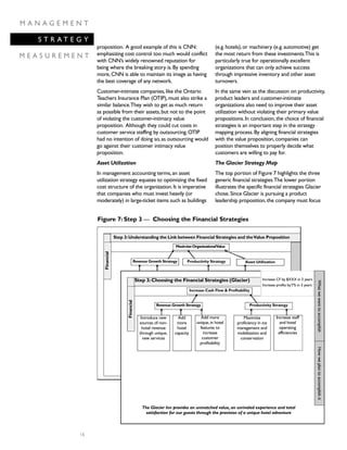 16
proposition. A good example of this is CNN:
emphasizing cost control too much would conflict
with CNN’s widely renowned reputation for
being where the breaking story is.By spending
more,CNN is able to maintain its image as having
the best coverage of any network.
Customer-intimate companies,like the Ontario
Teachers Insurance Plan (OTIP),must also strike a
similar balance.They wish to get as much return
as possible from their assets,but not to the point
of violating the customer-intimacy value
proposition. Although they could cut costs in
customer service staffing by outsourcing,OTIP
had no intention of doing so,as outsourcing would
go against their customer intimacy value
proposition.
Asset Utilization
In management accounting terms,an asset
utilization strategy equates to optimizing the fixed
cost structure of the organization.It is imperative
that companies who must invest heavily (or
moderately) in large-ticket items such as buildings
(e.g.hotels),or machinery (e.g.automotive) get
the most return from these investments.This is
particularly true for operationally excellent
organizations that can only achieve success
through impressive inventory and other asset
turnovers.
In the same vein as the discussion on productivity,
product leaders and customer-intimate
organizations also need to improve their asset
utilization without violating their primary value
propositions.In conclusion,the choice of financial
strategies is an important step in the strategy
mapping process.By aligning financial strategies
with the value proposition,companies can
position themselves to properly decide what
customers are willing to pay for.
The Glacier Strategy Map
The top portion of Figure 7 highlights the three
generic financial strategies.The lower portion
illustrates the specific financial strategies Glacier
chose.Since Glacier is pursuing a product
leadership proposition,the company must focus
M A N A G E M E N T
S T R A T E G Y
M E A S U R E M E N T
The Glacier Inn provides an unmatched value,an unrivaled experience and total
satisfaction for our guests through the provision of a unique hotel adventure
Step 3:Understanding the Link between Financial Strategies and theValue Proposition
MaximizeOrganizationalValue
Revenue Growth Strategy Productivity Strategy Asset Utilization
Step 3:Choosing the Financial Strategies (Glacier)
Increase Cash Flow & Profitability
Revenue Growth Strategy Productivity Strategy
Introduce new
sources of non-
hotel revenue
through unique,
new services
Add
more
hotel
capacity
Add more
unique,in hotel
features to
increase
customer
profitability
Maximize
proficiency in ice
management and
mobilization and
conservation
Increase staff
and hotel
operating
efficiencies
Financial
Increase CF by $XXX in 3 years
Increase profits byY% in 3 years
Financial
WhatwewanttoaccomplishHowweplantoaccomplishit
Figure 7: Step 3 — Choosing the Financial Strategies
 