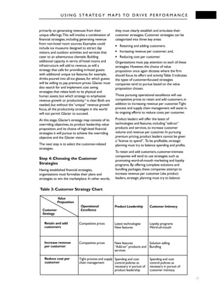17
primarily on generating revenues from their
unique offerings.This will involve a combination of
financial strategies,including generating revenue
from non-hotel room sources.Examples could
include ice museums designed to attract day
visitors,and outdoor activities and services that
cater to an adventurous clientele.Building
additional capacity in terms of hotel rooms and
infrastructure will add to revenue,as will a
strategy that calls for providing in-hotel guests
with additional unique ice features,for example,
drinks poured into all-ice glasses,for which guests
will be willing to pay premium prices.Glacier must
also search for and implement cost saving
strategies that relate both to its physical and
human assets,but which strategy to emphasize:
revenue growth or productivity,xii
is clear.Both are
needed,but without the“unique” revenue growth
focus,all the productivity strategies in the world
will not permit Glacier to succeed.
At this stage,Glacier’s strategy map consists of its
overriding objectives,its product leadership value
proposition,and its choice of high-level financial
strategies it will pursue to achieve the overriding
objective and the Glacier vision.
The next step is to select the customer-related
strategies.
Step 4: Choosing the Customer
Strategies
Having established financial strategies,
organizations must formalize their plans and
strategies to win the marketplace.In other words,
they must clearly establish and articulate their
customer strategies.Customer strategies can be
categorized into three key areas:
q Retaining and adding customers;
q Increasing revenue per customer;and,
q Reducing cost per customer.
Organizations must pay attention to each of these
strategies.However,the choice of value
proposition once again dictates where the firm
should focus its effort and activity.Table 3 indicates
the types of customer-focused strategies
companies tend to pursue based on the value
proposition chosen.
Those pursuing operational excellence will use
competitive prices to retain and add customers,in
addition to increasing revenue per customer.Tight
process and supply chain management will assist in
its ongoing efforts to reduce costs per customer.
Product leaders will offer the latest of
technologies and features,including“add-on”
products and services,to increase customer
volume and revenue per customer.In pursuing
premium pricing,product leaders cannot be given
a“license to spend”. To be profitable,strategic
planning must try to balance spending and profits.
To retain and add customers,customer-intimate
companies will tend to use strategies such as
promoting word-of-mouth marketing and loyalty
programs.By offering complete solutions and
bundling packages,these companies attempt to
increase revenue per customer.Like product
leaders,strategic planning must try to balance
U S I N G S T R AT E G Y M A P S TO D R I V E P E R F O R M A N C E
Customer
Strategy
Operational
Excellence
Product Leadership Customer Intimacy
Retain and add
customers
Competitive prices Latest technologies
New features
Loyalty programs
Word-of-mouth
Increase revenue
per customer
Competitive prices New features
“Add-on” products and
services
Solution selling
Bundling
Reduce cost per
customer
Tight process and supply
chain management
Spending and cost
control policies as
necessary in pursuit of
product leadership
Spending and cost
control policies as
necessary in pursuit of
customer intimacy
Table 3: Customer Strategy Chart
Value
Proposition
 