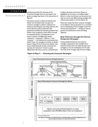 18
M A N A G E M E N T
S T R A T E G Y
M E A S U R E M E N T
spending and profits.The elements of the
Customer Strategy Chart are portrayed in the
generic strategy map shown in the top portion of
Figure 8.
The bottom portion of Figure 8 indicates how
Glacier has translated these concepts into
customer strategies it needs to implement to
achieve its financial goals,overriding objective,and
vision.Glacier’s product leadership value
proposition provides the necessary guidance here.
Glacier must compete for hotel visitors through
its uniqueness theme.Consequently,it must
pursue customer strategies that include
“adventure”,“uniqueness”,“different”,“rare”,
“exclusive” — the hallmarks of a product/service
leader.These core strategies are shown as shaded
boxes in Figure 8. At the same time,Glacier must
ensure threshold levels of other amenities.For
example,the“adventure” theme is a great
differentiator.But there must be a threshold level
of safety,cleanliness,and service.These are
highlighted on the map as“non-differentiable”
factors.In other words,they must be present,but
they are not the key differentiating strategies that
will persuade people to visit the Glacier Inn.
Note how closely tied these customer strategies
are to Glacier’s value proposition.It is a consistent
story of developing critical strategies around the
central value proposition — leading to revenue
growth and achievement of the overriding
objective.
Step 5: Execute through the Internal
Perspective Strategies
Having established financial and customer
strategies,organizations next establish those
important actions that will realize the plans and
strategies to win the marketplace.On the right
hand side of the strategy map,the focus changes
Step 4:Choosing the Customer Strategies (Generic)
Maximize OrganizationalValue
Revenue Growth Strategy Productivity Strategy Asset Utilization
Add/Retain
High-Value
Customers
Increase
Revenue per
Customer
ReduceCost
perCustomer
Current Migrated New NewOfferings
Solutions
Focus Scalability Strategies
(e.g.Web)
Step 4:Choosing the Customer Strategies for Glacier
Unique
Design
Uncommon
Experiences
Different
Meals
Back to
Nature
Glacier must pick attributes based on its value
proposition that will differentiate it from its competitors
The Glacier Inn provides an unmatched value,an unrivaled experience and total satisfaction for our
guests through the provision of a unique hotel adventure
Clean Safe
Good
Service
Adventure
FinancialCustomerInternalLearning&Growth
Whatwewanttoaccomplish
Product/ServiceAttributes
CustomerStrategies
Denotes hygiene factor
HowweplantoaccomplishitWhatwewanttoaccomplish
Figure 8: Step 4 — Choosing the Customer Strategies
% %
%
%
 