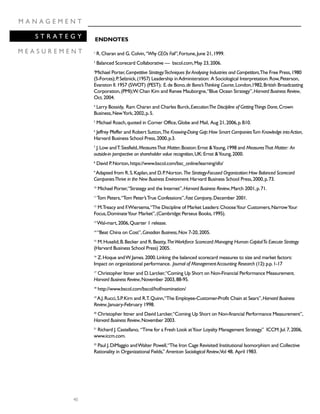 40
M A N A G E M E N T
S T R A T E G Y
M E A S U R E M E N T 1
R.Charan and G.Colvin,“Why CEOs Fail”,Fortune,June 21,1999.
2
Balanced Scorecard Collaborative — bscol.com,May 23,2006.
3
Michael Porter,Competitive Strategy:Techniques forAnalysing Industries and Competitors,The Free Press,1980
(5-Forces);P.Selznick,(1957) Leadership inAdministration: A Sociological Interpretation.Row,Peterson,
Evanston Il.1957 (SWOT) (PEST); E.de Bono,de Bono’sThinking Course,London,1982,British Broadcasting
Corporation,(PMI);W.Chan Kim and Renee Mauborgne,“Blue Ocean Strategy”,Harvard Business Review,
Oct.2004.
4
Larry Bossidy, Ram Charan and Charles Burck,Execution:The Discipline of GettingThings Done,Crown
Business,NewYork,2002,p.5.
5
Michael Roach,quoted in Corner Office,Globe and Mail, Aug 21,2006,p.B10.
6
Jeffrey Pfeffer and Robert Sutton,The Knowing-Doing Gap:How Smart CompaniesTurn Knowledge intoAction,
Harvard Business School Press,2000,p.3.
7
J.Low andT.Siesfield,MeasuresThat Matter,Boston:Ernst &Young,1998 and MeasuresThat Matter: An
outside-in perspective on shareholder value recognition,UK:Ernst &Young,2000.
8
David P.Norton,https://www.bscol.com/bsc_online/learning/sfo/
9
Adapted from R.S.Kaplan,and D.P.Norton.The Strategy-Focused Organization:How Balanced Scorecard
CompaniesThrive in the New Business Environment.Harvard Business School Press,2000,p.73.
10
Michael Porter,“Strategy and the Internet”,Harvard Business Review,March 2001,p.71.
11
Tom Peters,“Tom Peter’sTrue Confessions”,Fast Company,December 2001.
12
M.Treacy and F.Wiersema,“The Discipline of Market Leaders:ChooseYour Customers,NarrowYour
Focus,DominateYour Market”,(Cambridge:Perseus Books,1995).
13
Wal-mart,2006,Quarter 1 release.
14
“Beat China on Cost”,Canadian Business,Nov 7-20,2005.
15
M.Huselid,B.Becker and R.Beatty,TheWorkforce Scorecard:Managing Human CapitalTo Execute Strategy
(Harvard Business School Press) 2005.
16
Z.Hoque andW.James.2000.Linking the balanced scorecard measures to size and market factors:
Impact on organizational performance. Journal of ManagementAccounting Research (12):p.p.1-17
17
Christopher Ittner and D.Larcker,“Coming Up Short on Non-Financial Performance Measurement.
Harvard Business Review,November 2003,88-95.
18
http://www.bscol.com/bscol/hof/nomination/
19
A.J.Rucci,S.P.Kirn and R.T.Quinn,“The Employee-Customer-Profit Chain at Sears”,Harvard Business
Review,January-February 1998.
20
Christopher Ittner and David Larcker,“Coming Up Short on Non-financial Performance Measurement”,
Harvard Business Review,November 2003.
21
Richard J.Castellano, “Time for a Fresh Look atYour Loyalty Management Strategy.” ICCM.Jul.7,2006,
www.iccm.com.
22
Paul J.DiMaggio andWalter Powell,“The Iron Cage Revisited:Institutional Isomorphism and Collective
Rationality in Organizational Fields,” American Sociological Review,Vol 48, April 1983.
ENDNOTES
 