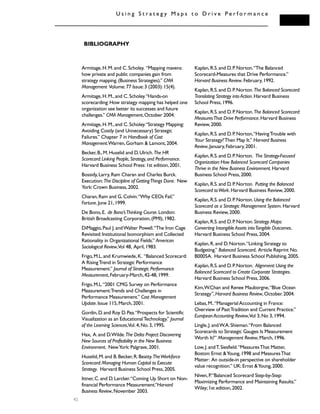 43
Armitage,H.M.and C.Scholey. “Mapping mavens:
how private and public companies gain from
strategy mapping.(Business Strategies).” CMA
Management Volume:77 Issue:3 (2003):15(4).
Armitage,H.M.,and C.Scholey.“Hands-on
scorecarding:How strategy mapping has helped one
organization see better its successes and future
challenges.” CMA Management,October 2004.
Armitage,H.M.,and C.Scholey.“Strategy Mapping:
Avoiding Costly (and Unnecessary) Strategic
Failures.” Chapter 7 in Handbook of Cost
Management.Warren,Gorham & Lamont,2004.
Becker,B.,M.Huselid and D.Ulrich.The HR
Scorecard:Linking People,Strategy,and Performance.
Harvard Business School Press:1st edition,2001.
Bossidy,Larry,Ram Charan and Charles Burck.
Execution:The Discipline of GettingThings Done. New
York:Crown Business,2002.
Charan,Ram and G.Colvin.“Why CEOs Fail.”
Fortune.June 21,1999.
De Bono,E. de Bono’sThinking Course.London:
British Broadcasting Corporation,(PMI),1982.
DiMaggio,Paul J.andWalter Powell.“The Iron Cage
Revisited:Institutional Isomorphism and Collected
Rationality in Organizational Fields.” American
Sociological Review,Vol 48, April,1983.
Frigo,M.L.and Krumwiede,K. “Balanced Scorecard:
A RisingTrend in Strategic Performance
Measurement.” Journal of Strategic Performance
Measurement,February-March,42-48,1999.
Frigo,M.L.“2001 CMG Survey on Performance
Measurement:Trends and Challenges in
Performance Measurement.” Cost Management
Update.Issue 115,March,2001.
Gordin,D.and Roy D.Pea.“Prospects for Scientific
Visualization as an EducationalTechnology.” Journal
of the Learning Sciences,Vol.4,No.3,1995.
Hax, A.and D.Wilde.The Delta Project:Discovering
New Sources of Profitability in the New Business
Environment. NewYork:Palgrave,2001.
Huselid,M.and B.Becker,R.Beatty.TheWorkforce
Scorecard:Managing Human Capital to Execute
Strategy. Harvard Business School Press,2005.
Ittner,C.and D.Larcker.“Coming Up Short on Non-
financial Performance Measurement.”Harvard
Business Review,November 2003.
Kaplan,R.S.and D.P.Norton.“The Balanced
Scorecard-Measures that Drive Performance.”
Harvard Business Review.February,1992.
Kaplan,R.S.and D.P.Norton.The Balanced Scorecard:
Translating Strategy into Action.Harvard Business
School Press,1996.
Kaplan,R.S.and D.P.Norton.The Balanced Scorecard:
MeasuresThat Drive Performance.Harvard Business
Review,2000.
Kaplan,R.S.and D.P.Norton,“HavingTrouble with
Your Strategy?Then Map It.” Harvard Business
Review,January,February,2001.
Kaplan,R.S.and D.P.Norton. The Strategy-Focused
Organization:How Balanced Scorecard Companies
Thrive in the New Business Environment.Harvard
Business School Press,2000.
Kaplan,R.S.and D.P.Norton. Putting the Balanced
Scorecard toWork.Harvard Business Review,2000.
Kaplan,R.S.and D.P.Norton.Using the Balanced
Scorecard as a Strategic Management System.Harvard
Business Review,2000.
Kaplan,R.S.and D.P.Norton.Strategy Maps:
Converting Intangible Assets intoTangible Outcomes.
Harvard Business School Press,2004.
Kaplan,R.and D.Norton.“Linking Strategy to
Budgeting.” Balanced Scorecard, Article Reprint No.
B0005A. Harvard Business School Publishing,2005.
Kaplan,R.S.and D.P.Norton. Alignment:Using the
Balanced Scorecard to Create Corporate Strategies.
Harvard Business School Press,2006.
Kim,W.Chan and Renee Mauborgne,“Blue Ocean
Strategy”,Harvard Business Review,October.2004.
Lebas,M..“ManagerialAccounting in France:
Overview of PastTradition and Current Practice.”
European Accounting Review,Vol 3,No 3,1994.
Lingle,J.andW.A.Shieman.“From Balanced
Scorecards to Strategic Gauges:Is Measurement
Worth It?” Management Review,March,1996.
Low,J.andT.Siesfield.“MeasuresThat Matter,
Boston:Ernst &Young,1998 and MeasuresThat
Matter: An outside-in perspective on shareholder
value recognition.” UK:Ernst &Young,2000.
Niven,P.“Balanced Scorecard Step-by-Step:
Maximizing Performance and Maintaining Results.”
Wiley;1st edition,2002.
BIBLIOGRAPHY
U s i n g S t r a t e g y M a p s t o D r i v e P e r f o r m a n c e
 