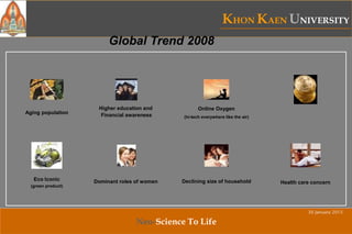 KHON KAEN UNIVERSITY
Neo-Science To Life
30 January 2015
Global Trend 2008
Dominant roles of women
Higher education and
Financial awareness
Eco Iconic
(green product)
Aging population
Health care concern
Online Oxygen
(hi-tech everywhere like the air)
Declining size of household
 