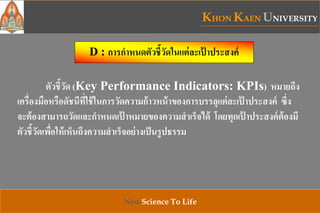 KHON KAEN UNIVERSITY
Neo-Science To Life
ตัวชี้วัด (Key Performance Indicators: KPIs) หมายถึง
เครื่องมือหรือดัชนีที่ใช้ในการวัดความก้าวหน้าของการบรรลุแต่ละเป้ าประสงค์ ซึ่ง
จะต้องสามารถวัดและกาหนดเป้ าหมายของความสาเร็จได้ โดยทุกเป้ าประสงค์ต้องมี
ตัวชี้วัดเพื่อให้เห็นถึงความสาเร็จอย่างเป็นรูปธรรม
D : การกาหนดตัวชี้วัดในแต่ละเป้ าประสงค์
 