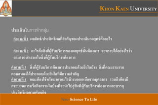 KHON KAEN UNIVERSITY
Neo-Science To Life
ประเด็นในการทากลุ่ม
คาถามที่ 1 ผลลัพธ์/ประสิทธิผลที่สาคัญของประเด็นกลยุทธ์คืออะไร
คาถามที่ 2 อะไรคือสิ่งที่ผู้รับบริการของกลยุทธ์นั้นต้องการ จะทราบได้อย่างไรว่า
สามารถนาเสนอในสิ่งที่ผู้รับบริการต้องการ
คาถามที่ 3 สิ่งที่ผู้รับบริการต้องการประกอบด้วยสิ่งใดบ้าง สิ่งที่คณะสามารถ
ตอบสนองได้ประกอบด้วยสิ่งใดที่มีความสาคัญ
คาถามที่ 4 คณะต้องใช้ทรัพยากรอะไรบ้างนอกเหนือจากบุคลากร รวมถึงต้องมี
กระบวนการหรือกิจกรรมใดบ้างที่จะนาไปสู่สิ่งที่ผู้รับบริการต้องการและบรรลุ
ประสิทธิผลตามพันธกิจ
 