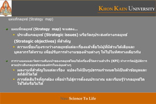 KHON KAEN UNIVERSITY
Neo-Science To Life
แผนที่กลยุทธ์ (Strategy map)
แผนที่กลยุทธ์ (Strategy map) จะแสดง...
 ประเด็นกลยุทธ์ (Strategic issues) หรือวัตถุประสงค์ทางกลยุทธ์
(Strategic objectives) ที่สาคัญ
 ความเชื่อมโยงระหว่างกลยุทธ์แต่ละเรื่องแล้วสื่อให้ผู้ที่มีส่วนได้เสียและ
บุคลากรได้ทราบ เพื่อปรับการทางานของฝ่ ายต่างๆ ให้ไปในทิศทางเดียวกัน
การวางแผนและวัดความคืบหน้าของกลยุทธ์โดยใช้เครื่องชี้วัดความสาเร็จ (KPI) ทาการวัดปฏิบัติการ
ตามประเด็นกลยุทธ์ขององค์กรในแง่มุมต่างๆ
 ผลงานที่สาคัญในแต่ละเรื่อง แปลงให้เป็ นรูปธรรมกาหนดให้เป็ นตัวข้อมูลและ
สถิติที่วัดได้
 การตัดสินใจที่ถูกต้อง เพื่อนาไปสู่การตั้งงบประมาณ และเรียนรู้ว่ากลยุทธ์ใด
ใช้ได้หรือไม่ได้
 
