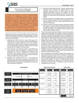 Strategy Maps - Page 7

                                                                          4. Identify your key strategic themes – those critical few internal
                  Harmonizing Your Strategy Map
   4.                                                                        processes which will have the greatest impact on the
                    and Your Business Strategy
                                                                             customer value proposition. For each theme, you then
                                                                             establish quantitative measures and targets. You also
                                                                             highlight which internal processes are the drivers for those
A strategy map provides a concise yet comprehensive
                                                                             targets and create some linked objectives, measures and
description of an organization’s strategy. With this clarity,
                                                                             targets.
executives have an enhanced ability to describe, measure,
manage and execute the desired strategy. To get the most from             5. Identify and align your intangible assets – by assessing the
a strategy map, however, it should be combined with a Balanced               level of strategic readiness of each intangible asset. You
Scorecard of measures, performance drivers, targets and                      then set targets on how to increase each asset’s level of
initiatives. This combined strategy map and Balanced Scorecard               readiness individually.
allows the effectiveness of the strategy to be constantly                 6. Specify and fund the strategic initiatives required to execute
monitored and initiatives to be managed with the goal of closing             the strategy – so there is clarity about the level and sourcing
any gaps between target performance and actual results.                      of funding required. The cause-and-effect linkage of the
In short, when used in combination with a Balanced Scorecard, a              strategy map, Balanced Scorecard and action plan should
strategy map helps organizations execute more effectively.                   help visualize the logic involved.
                                                                          These steps mean that passive statements of intent are given
                                                                          substance and relevancy. For example, a strategic objective to
Strategy maps can be used dynamically to create an action plan
                                                                          “Reduce the typical product development cycle” is appealing but
rather than passively as snapshots of corporate intent. To use a
                                                                          also open to individual interpretation. When it is transformed into
strategy map and Balanced Scorecard together effectively in this
                                                                          something like “Reduce the product development cycle from
way is a six step process:
                                                                          three years to nine months”, everyone in the organization
1. Establish and define what the current value gap is for                 realizes this will require some breakthrough, outside-the-box
   shareholders – or in other words, set the financial objectives,        thinking rather than minor enhancements. When the statement
   measures and targets. Determine how much long-term                     is given a time line for achievement (“Reduce the product
   revenue growth and short-term productivity improvements                development cycle from three years to nine months within the
   you will work towards achieving. These should be stretch               next three years”), people get a feel for whether this is a
   targets that will challenge the organization.                          long-term or a short-term project. When this is supplemented by
2. Reconcile your current value proposition – by identifying your         budgets for the action plans needed to realize the objective,
   current target customer segments, clarifying the value                 people start getting serious about it rather than waiting for the
   proposition you now use, selecting your measures and                   next flavor-of-the-month to emerge.
   reconciling your customer objectives to financial growth               The real strength of the linkages between the strategy map,
   goals. You might also decide on a new customer proposition             Balanced Scorecard and action plan is consistency. Instead of a
   that will generate the growth you desire.                              fragmented approach where one part of the organization
3. Establish your projected time line – how quickly you                   pursues a different agenda from another part, everyone uses the
   anticipate your new internal processes and themes can                  same overall strategy. The vision is consistent along with the
   begin to generate the kinds of financial results required. This        strategy for getting there. People can be inspired to action
   should indicate which goals are achievable and which goals             because they will see that it is feasible to get to where the
   may need further adjustment.                                           management want to head.


                                 Strategy Map                                  Balanced Scorecard                        Action Plan

                                                                        Objective     Measure         Target        Initiative    Budget

 Financial                                                              •XXXXXX       •XXXXXX       + XX%          •XXXXXX         $XXX
                            Long-Term Shareholder Value
Perspective                                                                           •XXXXXX       + XX%          •XXXXXX         $XXX
                    Productivity                  Growth
                                                                        •XXXXXX       •XXXXXX        XX%           •XXXXXX         $XXX
 Customer
                                     Customer
Perspective                                                                           •XXXXXX        XX%           •XXXXXX         $XXX


  Internal     Operations     Customer       Product       Regulatory   •XXXXXX       •XXXXXX        XX%           •XXXXXX         $XXX
Perspective   Management     Management    Innovation      and Social                 •XXXXXX                      •XXXXXX
                                                                                                     X months                      $XXX


                                                                        •XXXXXX       •XXXXXX        XX%           •XXXXXX         $XXX
 Learning              Human        Information    Organization
  Growth                                                                              •XXXXXX        XX%           •XXXXXX         $XXX
                       Capital        Capital        Capital
Perspective                                                                           •XXXXXX        XX%           •XXXXXX         $XXX

                                                                                                                     Total         $XXX
 