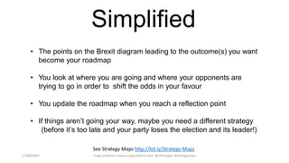 17/08/2020 Craig Cockburn, www.craigcockburn.com @siliconglen #strategymaps
Simplified
See Strategy Maps http://bit.ly/Strategy-Maps
• The points on the Brexit diagram leading to the outcome(s) you want
become your roadmap
• You look at where you are going and where your opponents are
trying to go in order to shift the odds in your favour
• You update the roadmap when you reach a reflection point
• If things aren’t going your way, maybe you need a different strategy
(before it’s too late and your party loses the election and its leader!)
 