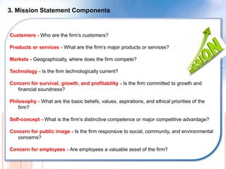 3. Mission Statement Components
Customers - Who are the firm’s customers?
Products or services - What are the firm’s major products or services?
Markets - Geographically, where does the firm compete?
Technology - Is the firm technologically current?
Concern for survival, growth, and profitability - Is the firm committed to growth and
financial soundness?
Philosophy - What are the basic beliefs, values, aspirations, and ethical priorities of the
firm?
Self-concept - What is the firm’s distinctive competence or major competitive advantage?
Concern for public image - Is the firm responsive to social, community, and environmental
concerns?
Concern for employees - Are employees a valuable asset of the firm?
 
