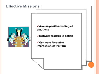 Arouse positive feelings &
emotions
Motivate readers to action
Generate favorable
impression of the firm
Effective Missions
 