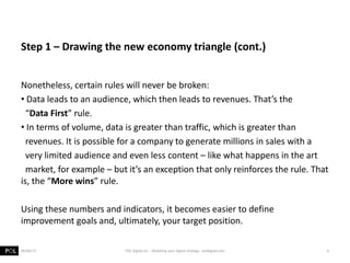Step 1 – Drawing the new economy triangle (cont.)
Nonetheless, certain rules will never be broken:
• Data leads to an audience, which then leads to revenues. That’s the
“Data First” rule.
• In terms of volume, data is greater than traffic, which is greater than
revenues. It is possible for a company to generate millions in sales with a
very limited audience and even less content – like what happens in the art
market, for example – but it’s an exception that only reinforces the rule. That
is, the “More wins” rule.
Using these numbers and indicators, it becomes easier to define
improvement goals and, ultimately, your target position.
PÖL Digital Inc. - Modeling your digital strategy - poldigital.com 606/06/13
 