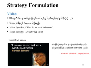 Strategy Formulation
Vision
 rdrdukrÜPD tem*wfwGifjzpfcsifaom &nf&G,fcsuf?&nfrSef;csufudkqdkvdkonf/
 Vision wpfckwGifPurpose yg&Sd&rnf/
 Vision Question – What do we want to become?
 Vision includes – Objective & Value.
Example of Vision
tdrfwdkif;&JUpm;yGJay:rSmuGefysLwmwpfvHk;pD&Sd&r,f?
uGefysLwmwddkif;rSmMicrosoft software &Sd&rnf/
Bill Gates (Microsoft Company Vision)
11Nyan Lin Thein
 