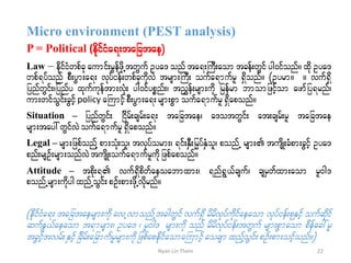 Micro environment (PEST analysis)
P = Political (edkifiHa&;tajctae)
Law – edkifiHwpfck aumif;rGefzdkUtwGuf Oya' onf ta&;BuD;aom tcef;wGif yg0ifonf/ xdk Oya'
wpf&yfonf pD;yGm;a&; vkyfief;wpfckudkvJ trsm;BuD; oufa&mufrl &Sdonf/ (Oyrm/ / vuf&Sd
jynfwGif;?jynfy xkufukeftm;vHk; yg0ifypönf;? tnTef;rsm;udk jrefrm bmomjzifhom azmfjy&rnf?
um;wifoGif;cGifhpolicy aBumifhpD;yGm;a&;rsm;pGmoufa&mufrl&Sdaponf/
Situation – jynfwGif; jidrf;csrf;a&; tajctae? a'otwGif; at;csrf;rl tajctae
rsm;tay:wGifvJoufa&mufrl &Sdaponf/
Legal – rsm;jzpfonfY pm;oHk;ol? tvkyform;? &if;ESD;jrSyfESHol? ponfU rsm; tusdK;cHpm;cGifh Oya'
pnf;rsOf;rsm;onfvJtusdK;oufa&mufrludkjzpfaponf/
Attitude – tpdk;& vuf&Sdpdwfaeoabmxm;? &nf&G,fcsuf? csrSwfxm;aom rl0g'
ponfUrsm;udkygxnfUoGif;pOf;pm;zdkUvdkrnf/
(edkifiHa&; tajctaersm;udk avUvmonfUtcgwGif vuf&Sd rdrdvkyfudkifaeaom vkyfief;pkESifh oufqdkif
qufEG,faeaom t&mrsm;? Oya' ? rl0g' rsm;udk onf rdrdvkyfief;twGuf rsm;pGmaom pdefac:rl
tcGifhtvrf;ESifhjcdrf;ajcmufrlrsm;udkjzpfapedkifaomaBumifhaocsmxnfYoGif;pOf;pm;oifhonf/)
22Nyan Lin Thein
 
