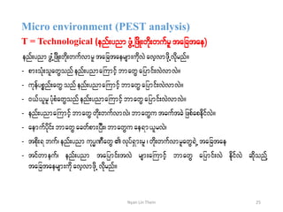 Micro environment (PEST analysis)
T = Technological (enf;ynm zGHUjzdK;wdk;wufrl tajctae)
enf;ynm zGUHjzdK;wdk;wufvmrltajctaersm;udkvJavhvmzdkUvdkrnf/
- pm;oHk;olawGonfenf;ynmaBumifhbmawG ajymif;vJvmvJ/
- ukefypönf;awGonfenf;ynmaBumifh bmawGajymif;vJvmvJ/
- 0,f,lrlyHkpHawGonfenf;ynmaBumifhbmawGajymif;vJvmvJ/
- enf;ynmaBumifhbmawG wdk;wufvmvJ?bmawGu tcuftcJ jzpfapedkifvJ/
- aemufydkif;bmawGacwfpm;jyD;?bmawGu ae&m,lrvJ?
- tpdk;&buf? enf;ynmuky®PDawG vkyf&Sm;rl?wdk;wufvmrlawG&JUtajctae
- tifwmeuf? enf;ynm tajymif;tvJ rsm;aBumifh bmawG ajymif;vJ edkifvJ qdkonfY
tajctaersm;udkavhvmzdkU vdkrnf/
25Nyan Lin Thein
 