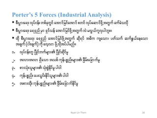 Porter’s 5 Forces (Industrial Analysis)
 pD;yGm;a&;vkyfief;wpfckwGif atmifjrifatmifpwifvkyfaqmifzdkUtwGuf cufcJovdk
 pD;yGm;a&;a&&SnfrSm&SifoefatmifjrifzdkUtwGuf vJrvG,fulvSygbl;/
 xdk pD;yGm;a&; a&&Snf atmifjrifzdkUtwGuf qdk&if t"du usaom? ywfouf qufEG,faeaom
tcsuf(ig;csuf)udkavhvm zdkUvdktyfygrnf/
1. vkyfief;wljydKifbufrsm;jydKifqdkifrl
2. tvm;tvm &Sdaomtopfukefypönf;rsm;jcdrf;ajcmufrl
3. pm;oHk;olrsm;oHk;pGJedkifrlyg0g
4. ukefypönf;ay;oGif;edkifolrsm;yg0g
5. tpm;xdk;ukefypönf;rsm;jcdrf;ajcmufedkifrl
28Nyan Lin Thein
 