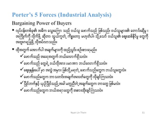 Porter’s 5 Forces (Industrial Analysis)
Bargaining Power of Buyers
 vkyfief;wpfck t"du aoG;aBum onf 0,fol azmufonf jzpfonf? 0,folrsm; awmif;qdkrl ?
tBudKufudk vdkufzdkU qdkwm vG,fulwJU udpöawmh r[kwfyg? odkUaomf 0,fol aps;qpfedkifrl awGudk
txl;*&kjyKzkdUvdktyfvmonf/
 xdktwGuf atmufygtcsufrsm;udkxnfYoGif;pOf;pm;&rnf/
azmufonf ta&twGufb,favmuf&SdovJ/
azmufonf awG&JU0,fvdktm;yrmPmb,favmuf&SdovJ/
aps;ESKef;ay:rSmtvGJ trSm;jzpfvdkUr&wJUazmufonfawGu b,folawGvJ/
azmufonfawGu bmowif;tcsuftvwfawGudk vdkcsifBuovJ/
jydKifbufESifh,SOfjydKifonfUtcgrwlnDwJUtcsufawGu bmawGjzpfrvJ/
azmufonfawGu b,ft&mawGukdtpm;xdk;csifBuovJ/
31Nyan Lin Thein
 