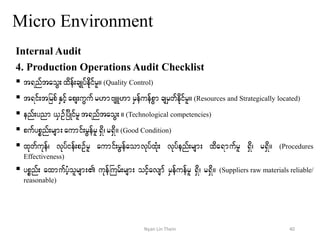 Micro Environment
Internal Audit
4. Production Operations Audit Checklist
 t&nftaoG;xdef;csKyfedkifrl/ (Quality Control)
 t&if;tjrpfESifhaps;uGufr[mAsL[mrSefuefpGmcsrSwfedkifrl/ (Resources and Strategically located)
 enf;ynm,SOfjydKifrlt&nftaoG;/ (Technological competencies)
 pufypönf;rsm;aumif;rGefrl&Sd?r&Sd/ (Good Condition)
 xkwfukef? vkyfief;pOfrl aumif;rGefaomvkyfxkHk; vkyfenf;rsm; xda&mufrl &Sd? r&Sd/ (Procedures
Effectiveness)
 ypönf; axmufyHholrsm; ukefBurf;rsm; oifhavsmf rSefuefrl &Sd? r&Sd/ (Suppliers raw materials reliable/
reasonable)
40Nyan Lin Thein
 