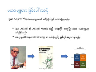r[mAsL[mjzpfay:vmyHk
Igor Ansoff “udkvJr[mAsL[mzcifBuD;tjzpfwifpm;cJhBuonf/
 Igor Ansoff  Ansoff Matrix onf ,aewdkif toHk;jyKaeaom r[mAsL[m
wpfckjzpfonf/
 pma&;olCorporate Strategy pmtkyfudk 1965ckESpfwGif a&;om;cJhonf/
5Nyan Lin Thein
 