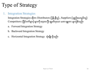 Type of Strategy
1. Integration Strategies
Integration Strategies qdkwmDistributors (jzefUcsDol), Suppliers (ypönf;ay;oGif;ol)
Competitors (jydKifbufrsm;)rsm;udkavhvmjyD;csrSwf&aomr[mAsL[mrsm;jzpfonf/
a. Forward Integration Strategy
b. Backward Integration Strategy
c. Horizontal Integration Strategy oHk;rsdK;&Sdonf/
56Nyan Lin Thein
 