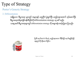 Type of Strategy
Porter’s Generic Strategy
2. Differentiation
tcsdKUaom pD;yGm;a&; rsm;wGif trsm;ESifh rwlnDbJ cGJxGufjyD; rwljcm;em;atmif vkyfaqmifjyD;
pD;yGm;a&;wpfcktjzpfzefwD;jcif;udkdifferentiation strategy [kac:onf/
,aeUacwfpD;yGm;a&;rsm;wGifdifferentiation strategy udktrsm;qHk; toHk;jyKvmBuonf/
edkUqD a&mif;wmyJ? 'gayrJU rwljcm;em;aom 'DZdkif;jzifh a&mif;csjcif;jzifh
aps;uGufudkxdk;azmufjcif;/
62Nyan Lin Thein
 