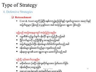 Type of Strategy
4. Defensive Strategies
 Retrenchment
 Cost & Asset awGudkjyefjyD;pepfwuszGJYpnf;jcif;eSifhusqif;oGm;aomta&mif;ESifh
tjrwfaiGrsm; jyefvnf&,lcsifaomtcgtoHk;jyKaomAsL[m jzpfonf/
rnfYonf tajctaersm;wGiftoHk;jyKBuoenf;/
 ukrÜPD&nf&G,fcsuf?yef;wdkifrsm;rjynfUrDSonfYtcg
 jydKifbufrsm;udk,SOfjydKifedkifrltm;enf;onfYtcg
 tjrwfaiGenf;yg;jyD;?0efxrf;rsm;pdwf"gwfusqif;onfUtcg
 0efxrf;rsm;pGrf;aqmif&nfrsm;usqif;onfUtcg
 refae*smrsm;r[mAsL[mrsm;ratmifjrifonfUtcg
rnfodkU vkyfaqmif&oenf;/
 rvdktyfaom (tydk)ukefusp&dwfrsm;tm;jzwfawmufjcif;
 0efxrf;OD;a&avsmhcsjcif;
 vpm?&mxl;?cHpm;cGifh?toHk;p&dwfrsm; avsmhcsjcif;
70Nyan Lin Thein
 