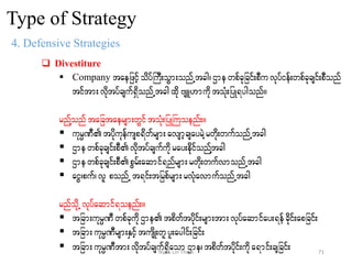 Type of Strategy
4. Defensive Strategies
 Divestiture
 Company taejzifhodyfBuD;oGm;onfUtcg?Xmewpfckjcif;pDu vkyfief;wpfckcsif;pDonf
tiftm;vdktyfcsuf&SdonfUtcgxdk AsL[mudktoHk;jyK&ygonf/
rnfYonf tajctaersm;wGiftoHk;jyKBuoenf;/
 ukrÜPDtydkukefusp&dwfrsm;avsmhcsayrJYrwdk;wufonfUtcg
 Xme wpfckcsif;pDvdktyfcsufudk ray;edkifonfYtcg
 Xme wpfckcsif;pDpGrf;aqmif&nfrsm;rwdk;wufvmonfUtcg
 aiG?puf? vl ponfU t&if;tjrpfrsm;rvHkavmufonfUtcg
rnfodkU vkyfaqmif&oenf;/
 tjcm;ukrÜPDwpfckudk Xmetpdwftykdif;rsm;tm;vkyfaqmifay;&efcdkif;apjcif;
 tjcm;ukrÜPDrsm;ESifhtusdK;wlyl;aygif;jcif;
 tjcm;ukrÜPDtm;vdktyfcsuf&Sdaom Xme?tpdwftykdif;udka&mif;csjcif; 71Nyan Lin Thein
 