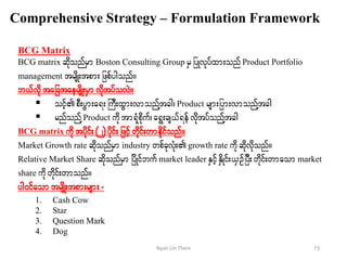 Comprehensive Strategy – Formulation Framework
BCG Matrix
BCG matrix qdkonfrSm Boston Consulting Group rSjyKvkyfxm;onfProduct Portfolio
management trsdK;tpm;jzpfygonf/
b,fvdk tajctaersdK;rSmvdktyfovJ/
 oifhpD;yGm;a&;BuD;xGm;vmonfYtcg?Product rsm;jym;vmonfYtcg
 rnfonfYProduct udktm&Hkpdkuf?a&G;cs,f&efvdktyfonfYtcg
BCG matrix udk tydkif; (2)ydkif; jzifhwdkif;wmedkifonf/
Market Growth rate qdkonfrSm industry wpfckvHk;growth rate udkqdkvdkonf/
Relative Market Share qdkonfrSm jydKifbufmarket leader ESifhESdKif;,SOfjyD;wdkif;wmaommarket
share udkwdkif;wmonf/
yg0ifaomtrsdK;tpm;rsm;-
1. Cash Cow
2. Star
3. Question Mark
4. Dog
73Nyan Lin Thein
 