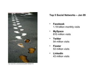 http://www.flickr.com/photos/antara365/1688492716/ Top 5 Social Networks – Jan 09 Facebook  1.19 billion monthly visits   MySpace 810 million visits Twitter 54 million visits Fixster 53 million visits LinkedIn 43 million visits 