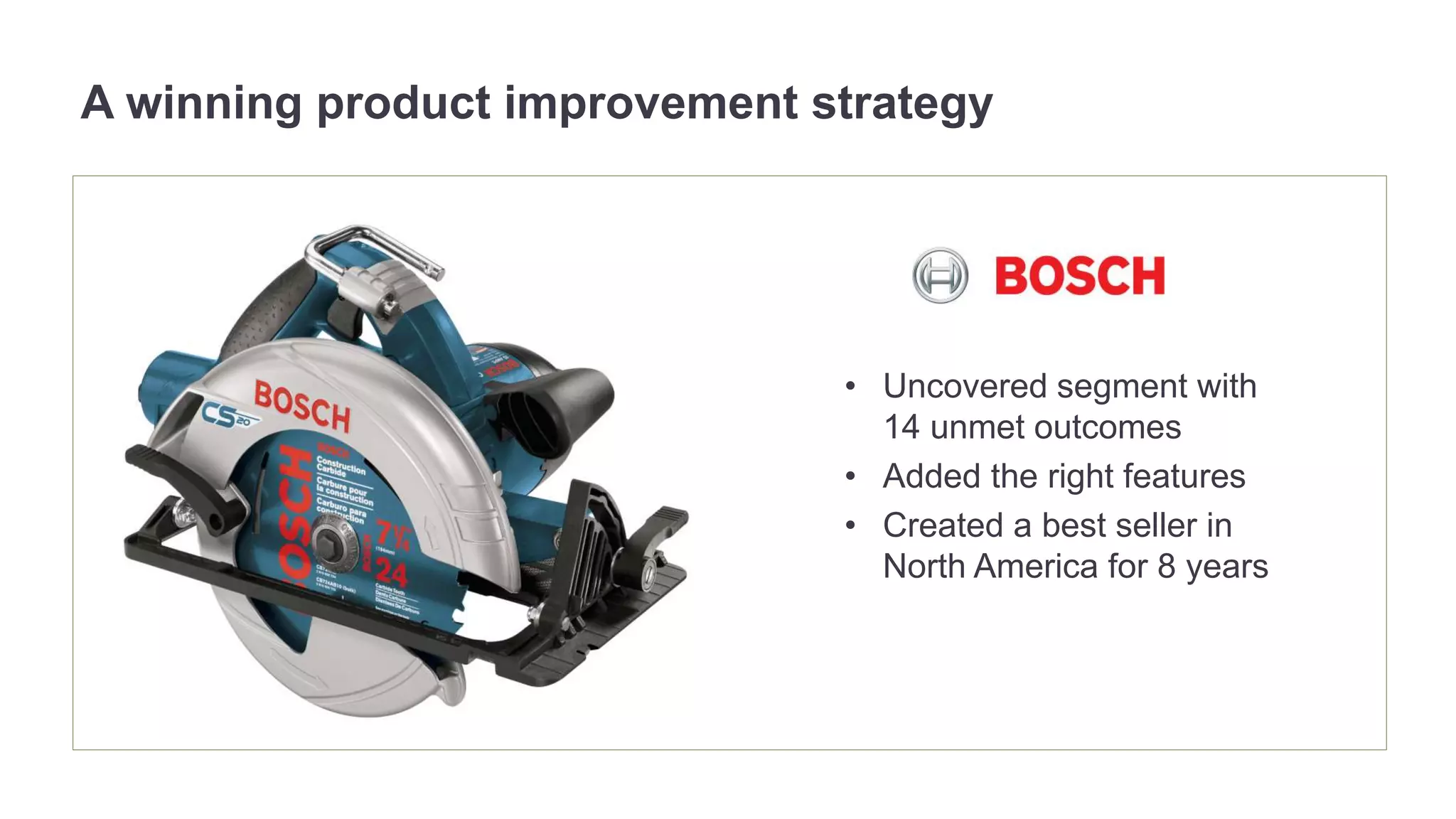 A winning product improvement strategy 
• Uncovered segment with 
14 unmet outcomes 
• Added the right features 
• Created a best seller in 
North America for 8 years 
 