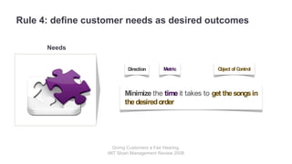Rule 4: define customer needs as desired outcomes 
Giving Customers a Fair Hearing, 
MIT Sloan Management Review 2008 
Nee...