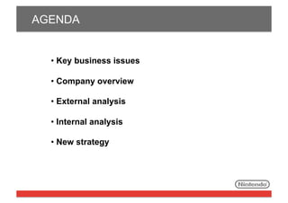 AGENDA

• Key business issues
• Company overview
• External analysis
• Internal analysis
• New strategy

 