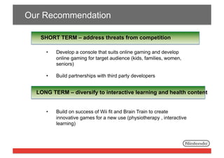 Our Recommendation
SHORT TERM – address threats from competition
• 

Develop a console that suits online gaming and develop
online gaming for target audience (kids, families, women,
seniors)

• 

Build partnerships with third party developers

LONG TERM – diversify to interactive learning and health content
• 

Build on success of Wii fit and Brain Train to create
innovative games for a new use (physiotherapy , interactive
learning)

 