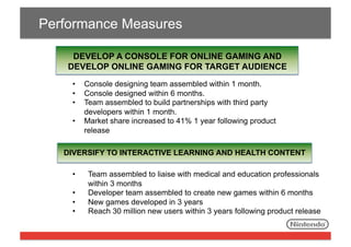 Performance Measures
DEVELOP A CONSOLE FOR ONLINE GAMING AND
DEVELOP ONLINE GAMING FOR TARGET AUDIENCE
•  Console designing team assembled within 1 month.
•  Console designed within 6 months.
•  Team assembled to build partnerships with third party
developers within 1 month.
•  Market share increased to 41% 1 year following product
release
DIVERSIFY TO INTERACTIVE LEARNING AND HEALTH CONTENT
• 
• 
• 
• 

Team assembled to liaise with medical and education professionals
within 3 months
Developer team assembled to create new games within 6 months
New games developed in 3 years
Reach 30 million new users within 3 years following product release

 