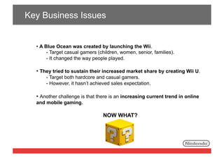 Key Business Issues

• A Blue Ocean was created by launching the Wii.
- Target casual gamers (children, women, senior, families).
- It changed the way people played.

• They tried to sustain their increased market share by creating Wii U.
- Target both hardcore and casual gamers.
- However, it hasn’t achieved sales expectation.

• Another challenge is that there is an increasing current trend in online
and mobile gaming.

NOW WHAT?

 