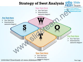 Strategy of Swot Analysis

                                                            t
                                  Your Text Here


                                                          e
                                   Your Text here
                                   Download this



                                                        .n
                                    awesome diagram



                                    W
 Put Text Here
 Your Text here
 Download this


                                               aO     m
                      S                      te
  awesome diagram




                                id         e
                          .   s lT                           Put Text Here
                                                              Your Text here



                        w
                                                              Download this
                                                               awesome diagram




                 w w              Your Text Here
                                  Your Text here
                                  Download this
                                   awesome diagram
Unlimited Downloads at www.slideteam.net                            Your Logo
 