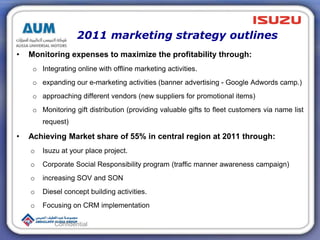 2011 marketing strategy outlines
• Monitoring expenses to maximize the profitability through:
o Integrating online with offline marketing activities.
o expanding our e-marketing activities (banner advertising - Google Adwords camp.)
o approaching different vendors (new suppliers for promotional items)
o Monitoring gift distribution (providing valuable gifts to fleet customers via name list
request)
• Achieving Market share of 55% in central region at 2011 through:
o Isuzu at your place project.
o Corporate Social Responsibility program (traffic manner awareness campaign)
o increasing SOV and SON
o Diesel concept building activities.
o Focusing on CRM implementation
Confidential
 