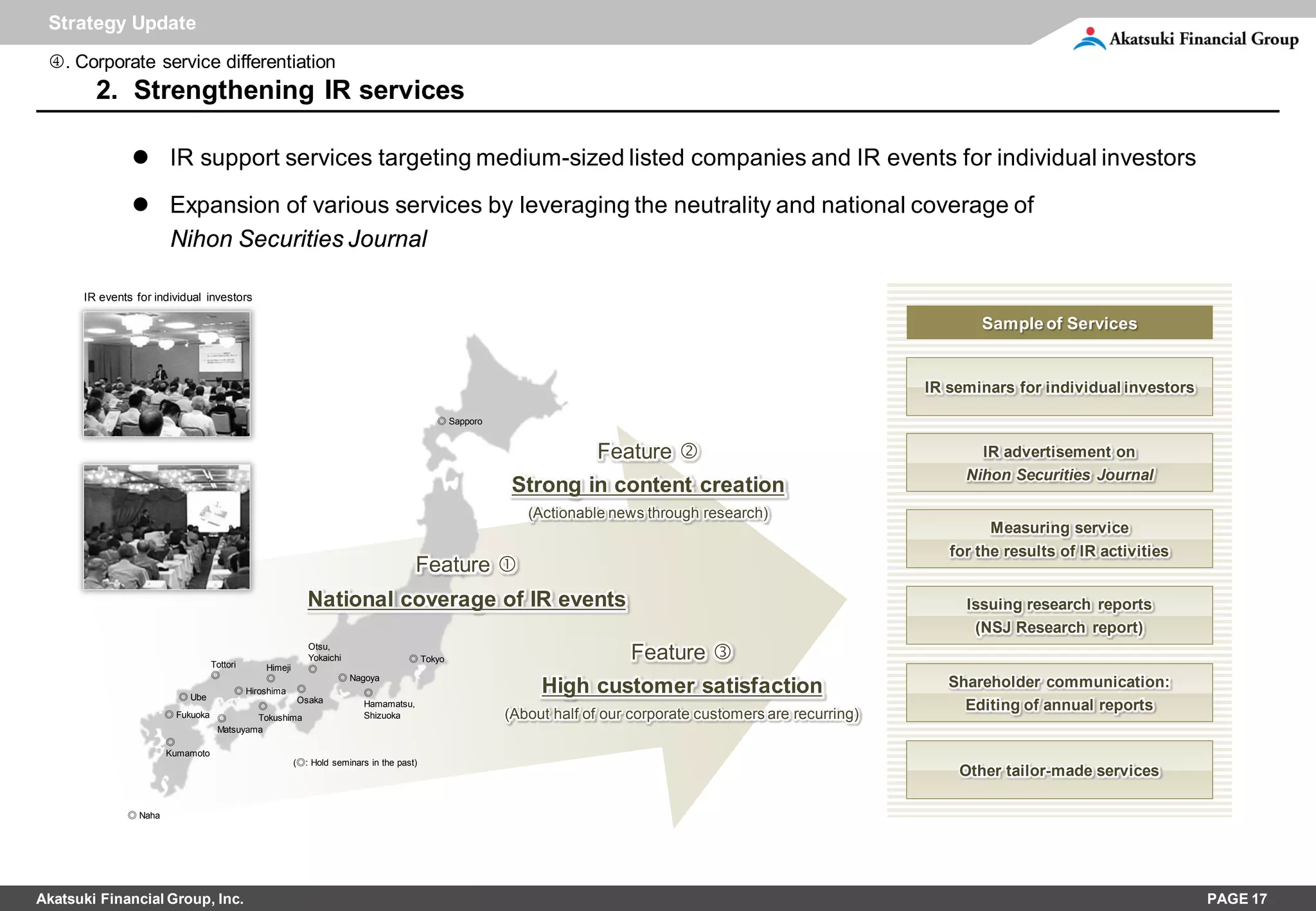 Strategy Update
 . Corporate service differentiation
        2. Strengthening IR services

                IR support services targeting medium-sized listed companies and IR events for individual investors
                Expansion of various services by leveraging the neutrality and national coverage of
                 Nihon Securities Journal

      IR events for individual investors

                                                                                                                                                              Sample of Services


                                                                                                                                                       IR seminars for individual investors

                                                                                   ◎ Sapporo


                                                                                                            Feature                                          IR advertisement on
                                                                                                                                                            Nihon Securities Journal
                                                                                                Strong in content creation
                                                                                                  (Actionable news through research)
                                                                                                                                                                Measuring service
                                                                                                                                                          for the results of IR activities
                                                                              Feature 
                                                      National coverage of IR events                                                                        Issuing research reports
                                                                                                                                                             (NSJ Research report)

                                 Tottori
                                                      Otsu,
                                                      Yokaichi                ◎ Tokyo                            Feature 
                                            Himeji    ◎
                                 ◎          ◎                ◎ Nagoya
                                     ◎ Hiroshima ◎                                                  High customer satisfaction                            Shareholder communication:
                         ◎ Ube                                     ◎
                                                    Osaka
                                          ◎                        Hamamatsu,                                                                               Editing of annual reports
                       ◎ Fukuoka ◎        Tokushima                Shizuoka                    (About half of our corporate customers are recurring)
                                 Matsuyama
                       ◎
                       Kumamoto
                                                   (◎: Hold seminars in the past)
                                                                                                                                                           Other tailor-made services

              ◎ Naha




Akatsuki Financial Group, Inc.                                                                                                                                                                PAGE 17
 