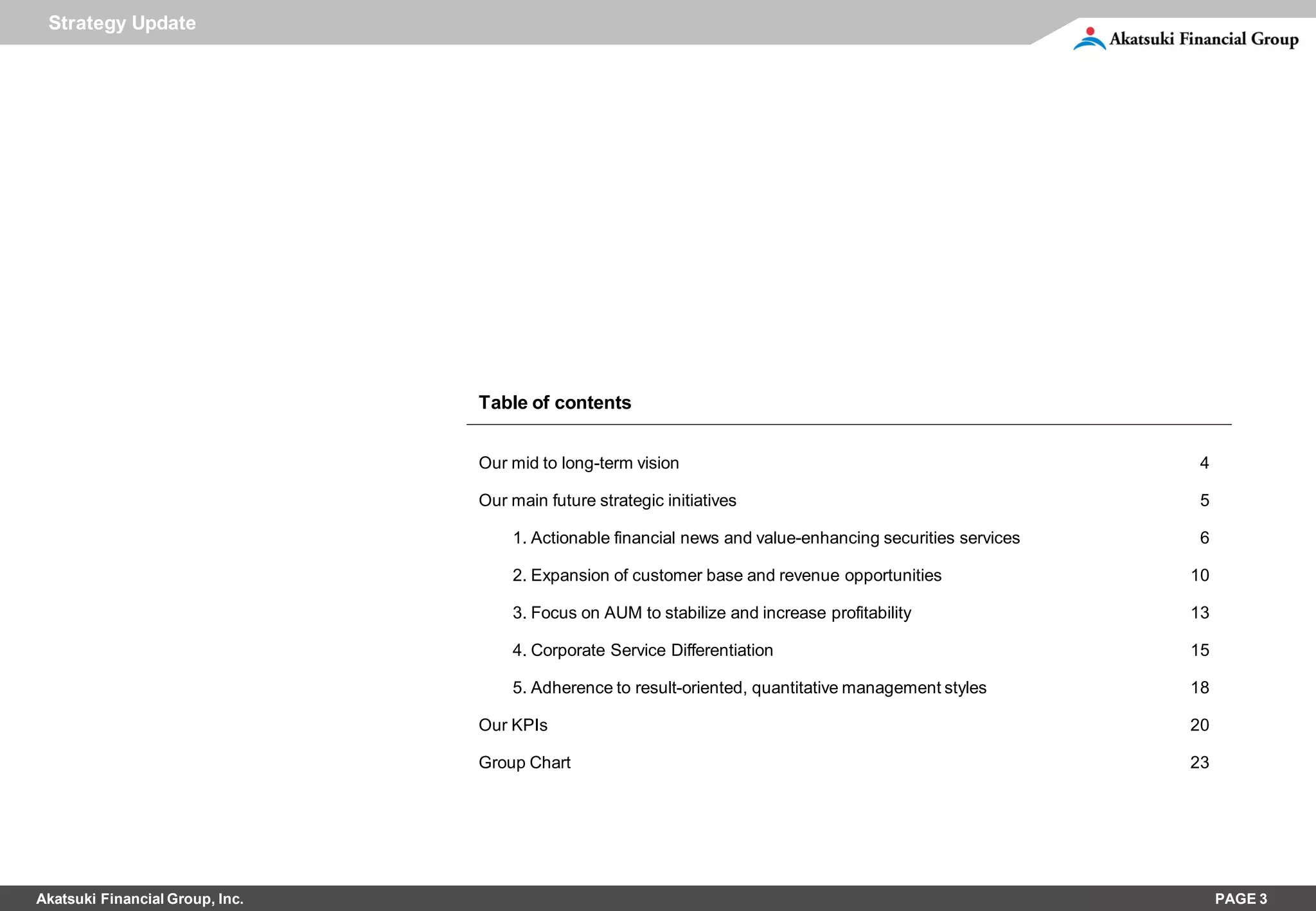 Strategy Update




                                 Table of contents


                                 Our mid to long-term vision                                                 4

                                 Our main future strategic initiatives                                       5

                                     1. Actionable financial news and value-enhancing securities services    6

                                     2. Expansion of customer base and revenue opportunities                10

                                     3. Focus on AUM to stabilize and increase profitability                13

                                     4. Corporate Service Differentiation                                   15

                                     5. Adherence to result-oriented, quantitative management styles        18

                                 Our KPIs                                                                   20

                                 Group Chart                                                                23




Akatsuki Financial Group, Inc.                                                                                   PAGE 3
 