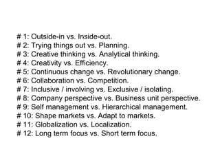 # 1: Outside-in vs. Inside-out. 
# 2: Trying things out vs. Planning. 
# 3: Creative thinking vs. Analytical thinking. 
# 4: Creativity vs. Efficiency. 
# 5: Continuous change vs. Revolutionary change. 
# 6: Collaboration vs. Competition. 
# 7: Inclusive / involving vs. Exclusive / isolating. 
# 8: Company perspective vs. Business unit perspective. 
# 9: Self management vs. Hierarchical management. 
# 10: Shape markets vs. Adapt to markets. 
# 11: Long term focus vs. Short term focus. 
# 12: Globalization vs. Localization. 
 