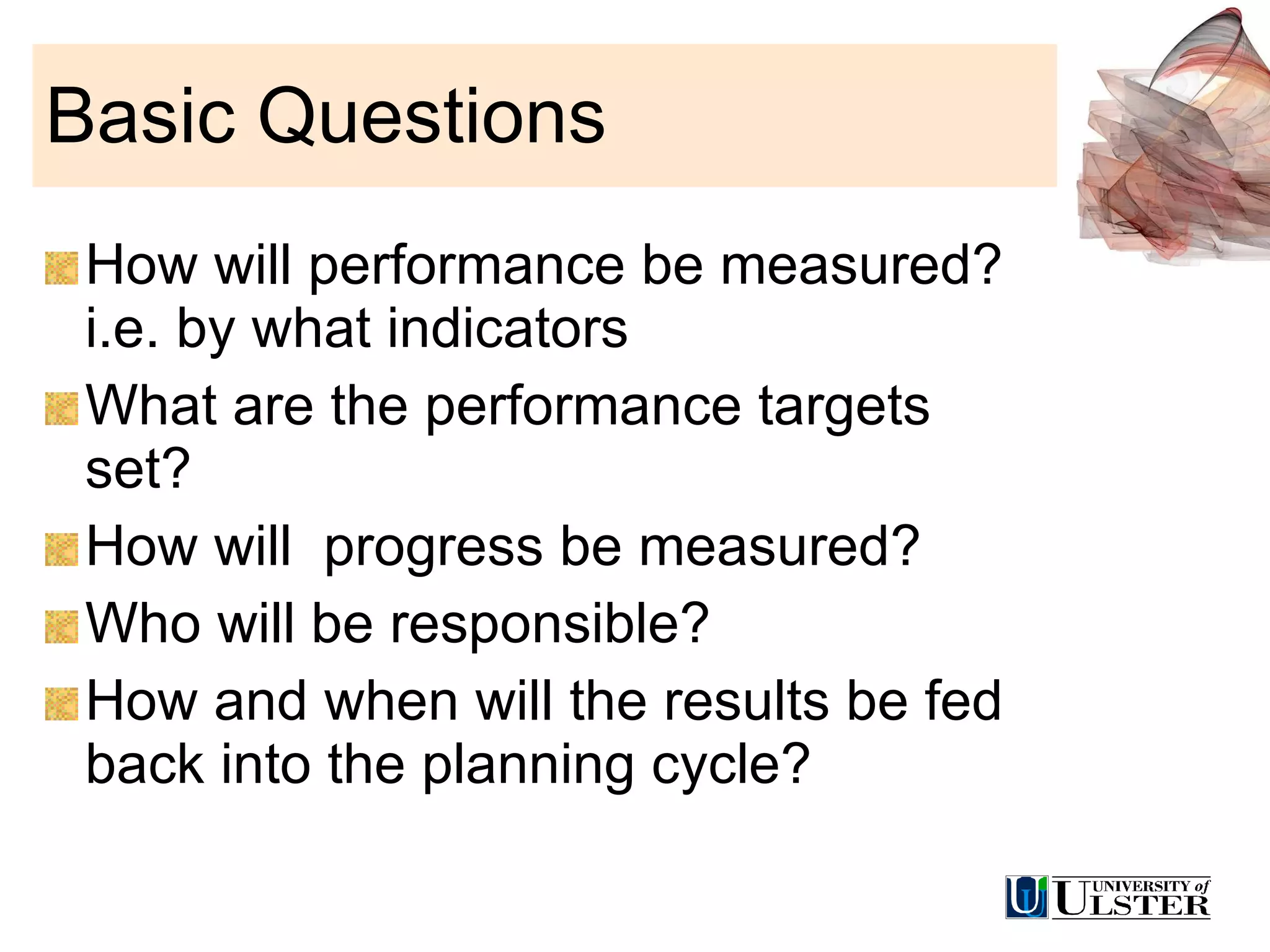 Basic Questions How will performance be measured?  i.e. by what indicators  What are the performance targets set? How will  progress be measured? Who will be responsible?  How and when will the results be fed back into the planning cycle? 