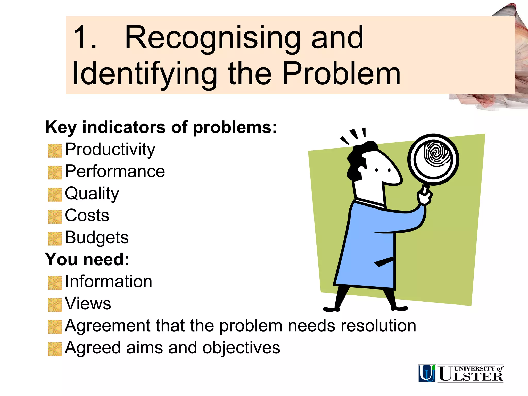 1.  Recognising and  Identifying the Problem Key indicators of problems: Productivity Performance Quality Costs Budgets  You need: Information Views Agreement that the problem needs resolution Agreed aims and objectives 