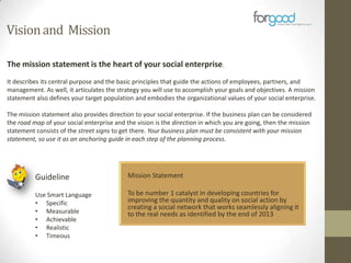 Vision and Mission
The mission statement is the heart of your social enterprise.
It describes its central purpose and the basic principles that guide the actions of employees, partners, and
management. As well, it articulates the strategy you will use to accomplish your goals and objectives. A mission
statement also defines your target population and embodies the organizational values of your social enterprise.
The mission statement also provides direction to your social enterprise. If the business plan can be considered
the road map of your social enterprise and the vision is the direction in which you are going, then the mission
statement consists of the street signs to get there. Your business plan must be consistent with your mission
statement, so use it as an anchoring guide in each step of the planning process.

Guideline

Mission Statement

Use Smart Language
• Specific
• Measurable
• Achievable
• Realistic
• Timeous

To be number 1 catalyst in developing countries for
improving the quantity and quality on social action by
creating a social network that works seamlessly aligning it
to the real needs as identified by the end of 2013

 