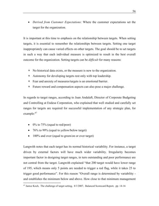 56
• Derived from Customer Expectations: Where the customer expectations set the
target for the organization.
It is important at this time to emphasis on the relationship between targets. When setting
targets, it is essential to remember the relationships between targets. Setting one target
inappropriately can cause varied effects on other targets. The goal should be to set targets
in such a way that each individual measure is optimized to result in the best overall
outcome for the organization. Setting targets can be difficult for many reasons:
 No historical data exists, or the measure is new to the organization.
 Autonomy for developing targets rest only with top leadership.
 Fear and anxiety of measures/targets is an emotional barrier.
 Future reward and compensation aspects can also pose a major challenge.
In regards to target ranges, according to Juan Andalaft, Director of Corporate Budgeting
and Controlling at Endesa Corporation, who explained that well studied and carefully set
ranges for targets are required for successful implementation of any strategic plan, for
example:47
• 0% to 75% (equal to red/poor)
• 76% to 99% (equal to yellow/below target)
• 100% and over (equal to green/on or over target)
Langwith notes that each target has its normal historical variability. For instance, a target
driven by external factors will have much wider variability. Irregularity becomes
important factor in designing target ranges, in turn outstanding and poor performance are
not central from the target. Langwith explained “that 200 target would have lower range
of 195, which means only 5 points are needed to trigger a red flag, while it takes 25 to
trigger good performance”. For this reason “Overall range is determined by variability -
and establishes the minimum below and above. How close to that minimum management
47
Janice Koch, The challenge of target setting, 8/1/2007, Balanced Scorecard Report, pp. 14-16
 