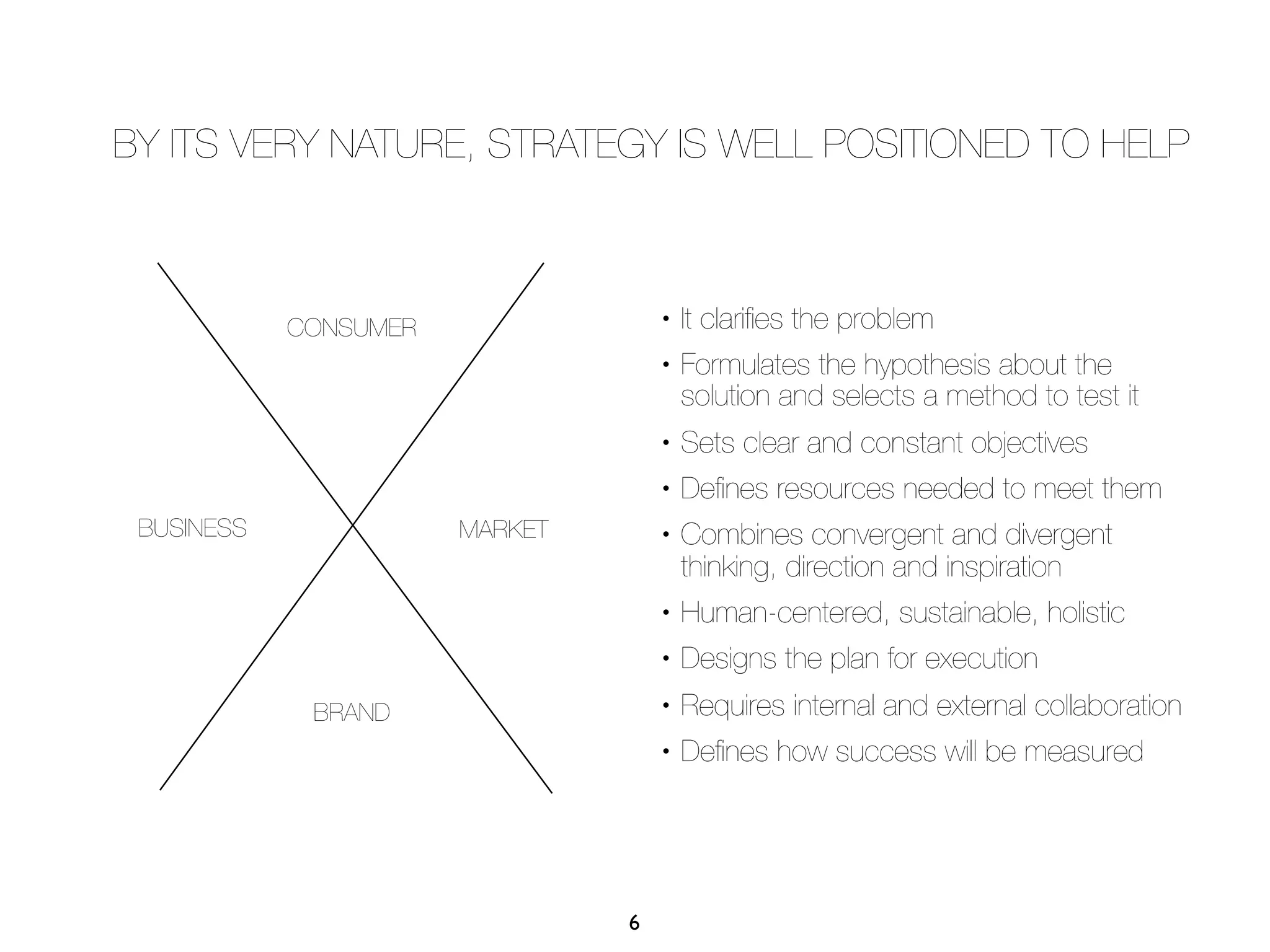 BY ITS VERY NATURE, STRATEGY IS WELL POSITIONED TO HELP



            CONSUMER
                                    •   It clariﬁes the problem
                                    •   Formulates the hypothesis about the
                                        solution and selects a method to test it
                                    •   Sets clear and constant objectives
                                    •   Deﬁnes resources needed to meet them
 BUSINESS              MARKET       •   Combines convergent and divergent
                                        thinking, direction and inspiration
                                    •   Human-centered, sustainable, holistic
                                    •   Designs the plan for execution
             BRAND                  •   Requires internal and external collaboration
                                    •   Deﬁnes how success will be measured




                                6
 
